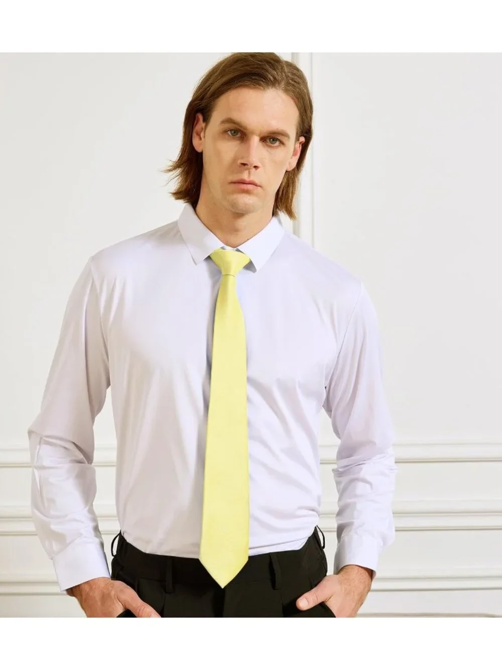 Men's Light Yellow Solid Microfiber Plain Formal Silk Necktie For Business Dress